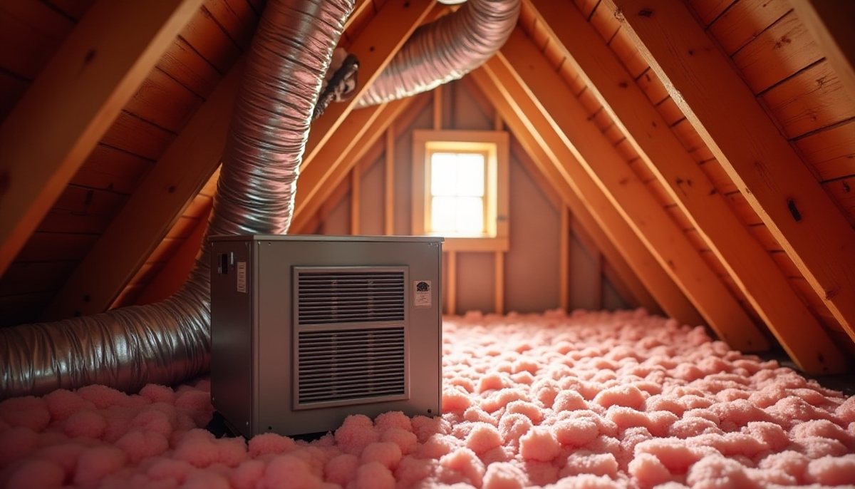 Air handler in a Houston-style attic with flexible ducts and pink insulation around it