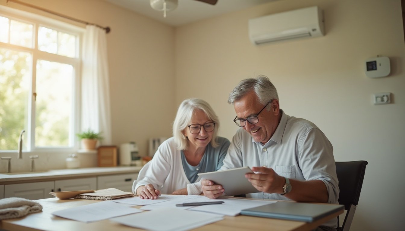 An older couple reviewing papers and a tablet together at a kitchen table