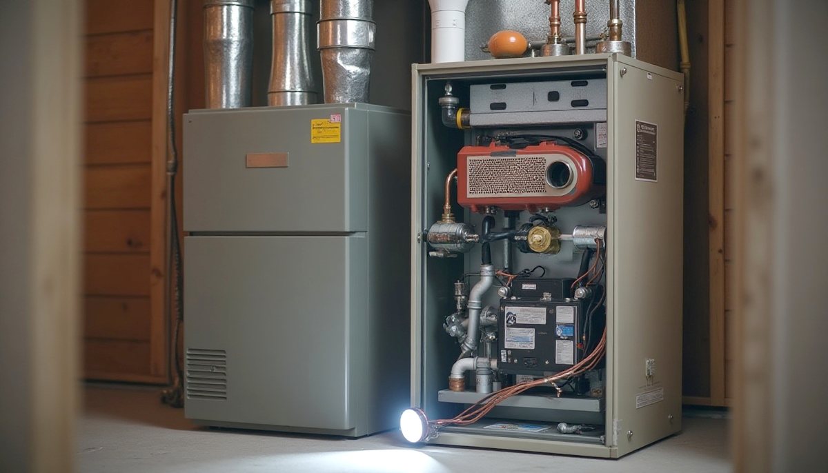 Gas furnace with its front panel removed, lit by a flashlight
