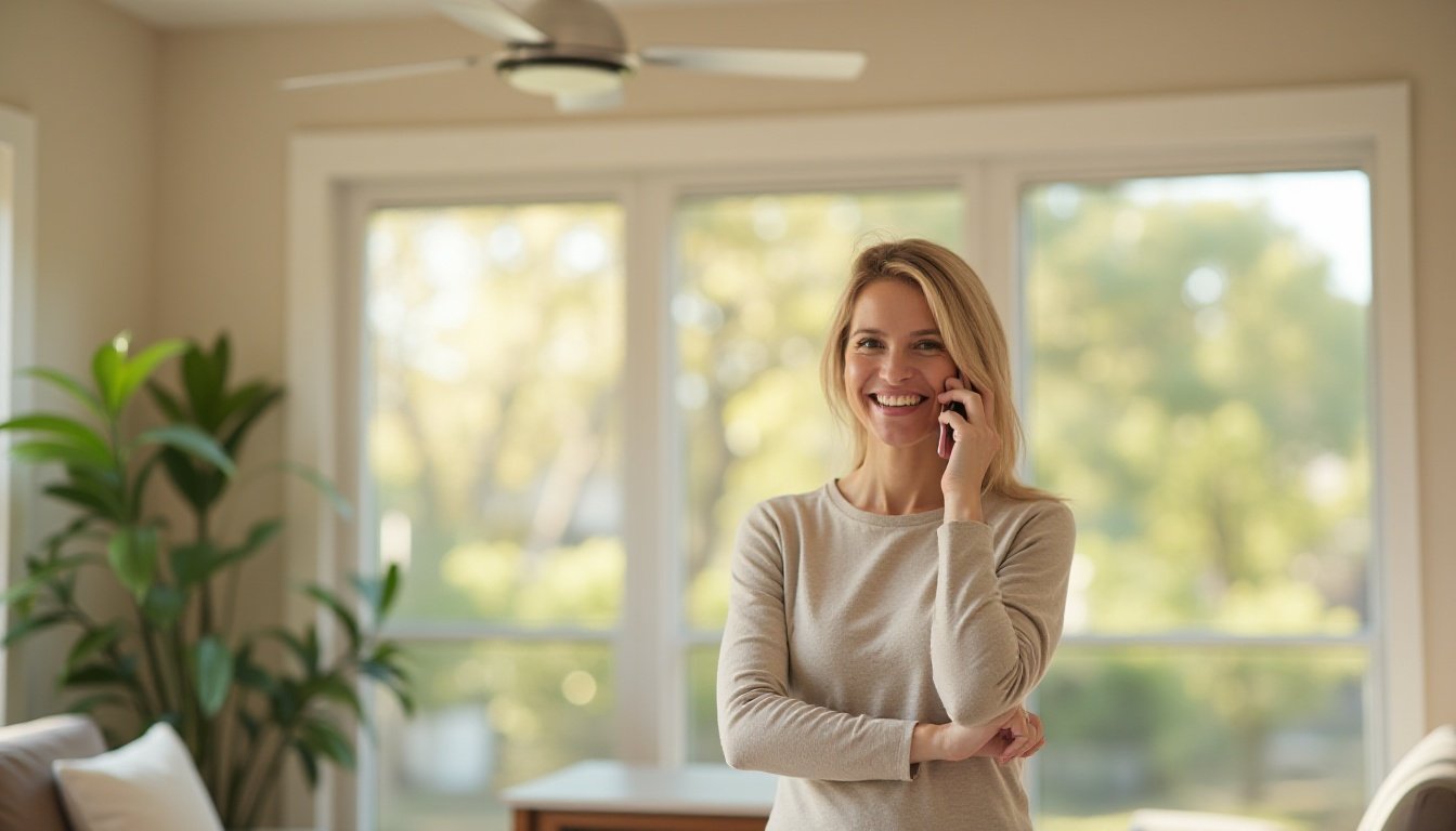 A smiling woman on a phone call in a bright living room