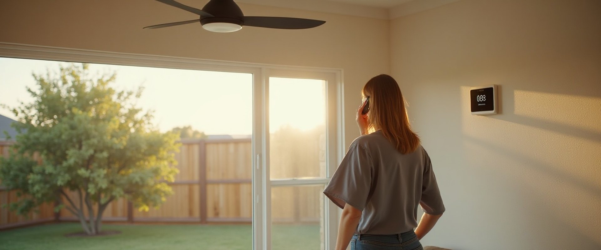 Homeowner checking a wall thermostat beside a sunny patio door