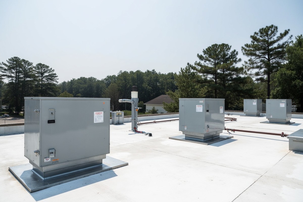 Several packaged rooftop HVAC units on the flat roof of a suburban strip shopping center under a hazy sky