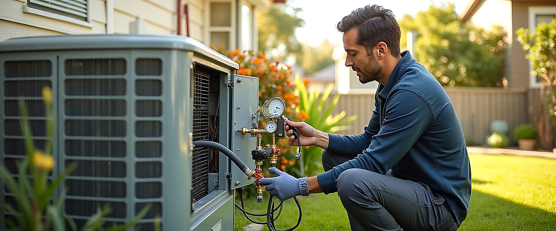 Air conditioning repair technician working on a condenser unit in Houston