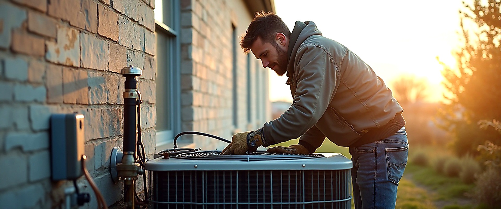 An outdoor air conditioning unit beside a house