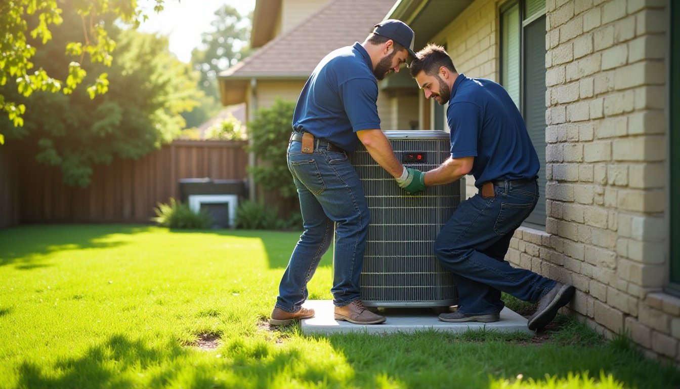 Two installers setting a new outdoor AC condenser beside a home