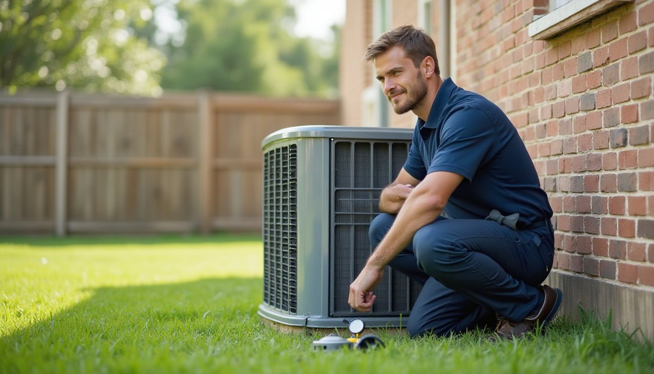 Technician crouched beside an outdoor heat pump unit next to a brick wall and wood fence