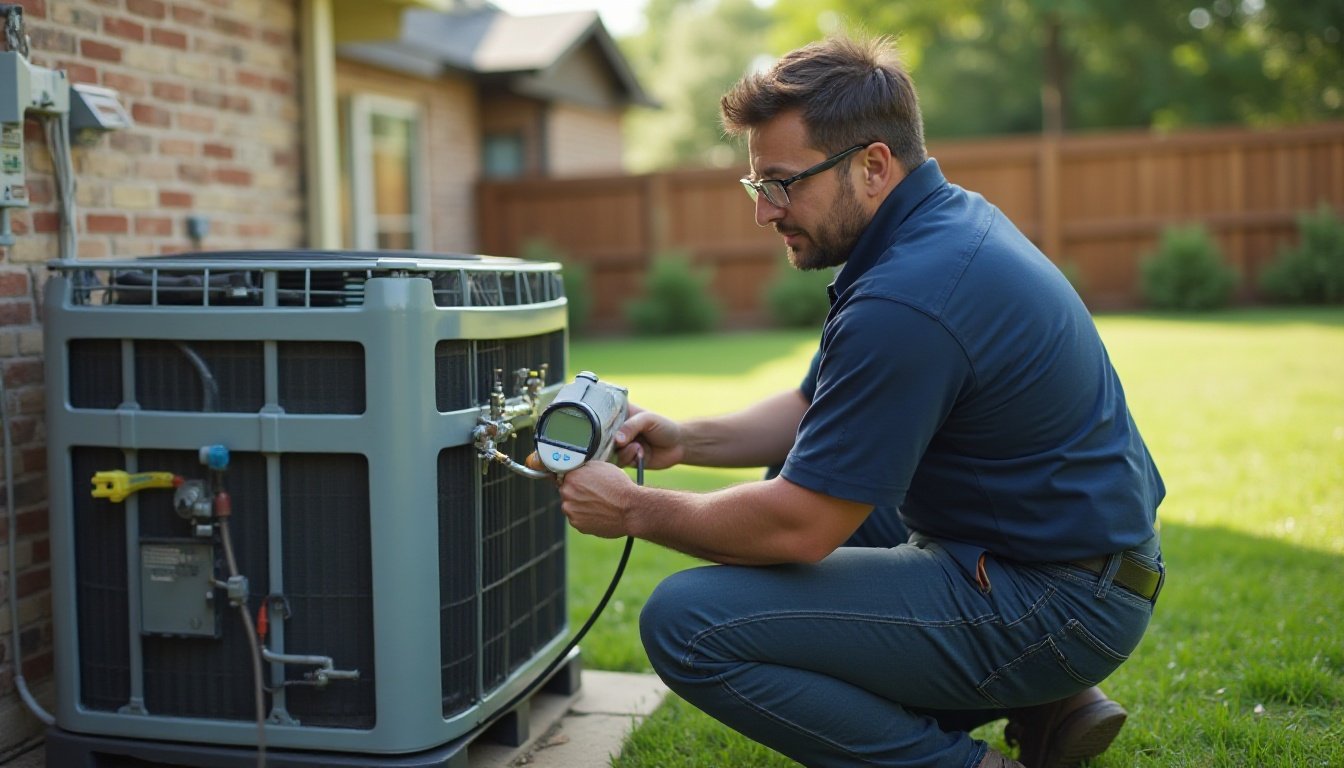 Technician reading refrigerant gauges at an outdoor condenser beside a brick home and wood fence