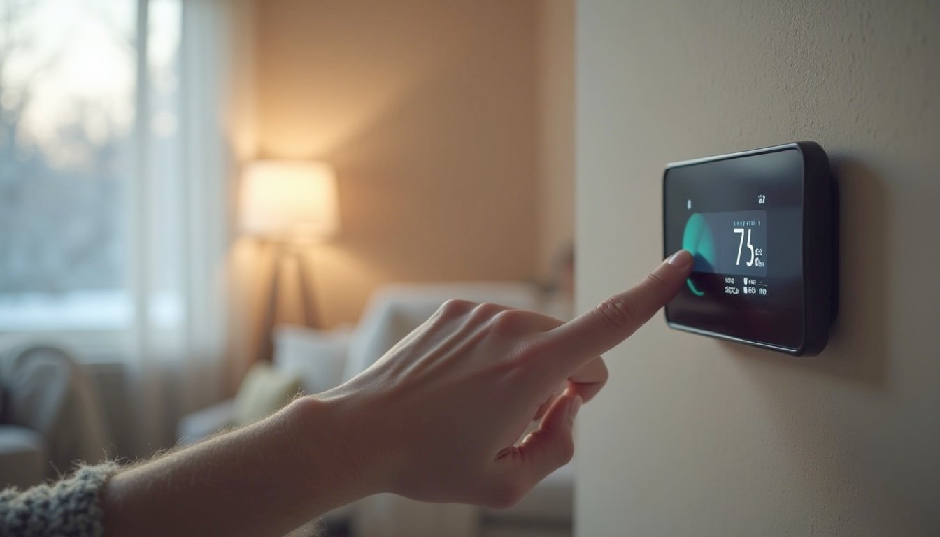 Finger pressing the button on a wall thermostat in warm lamp light
