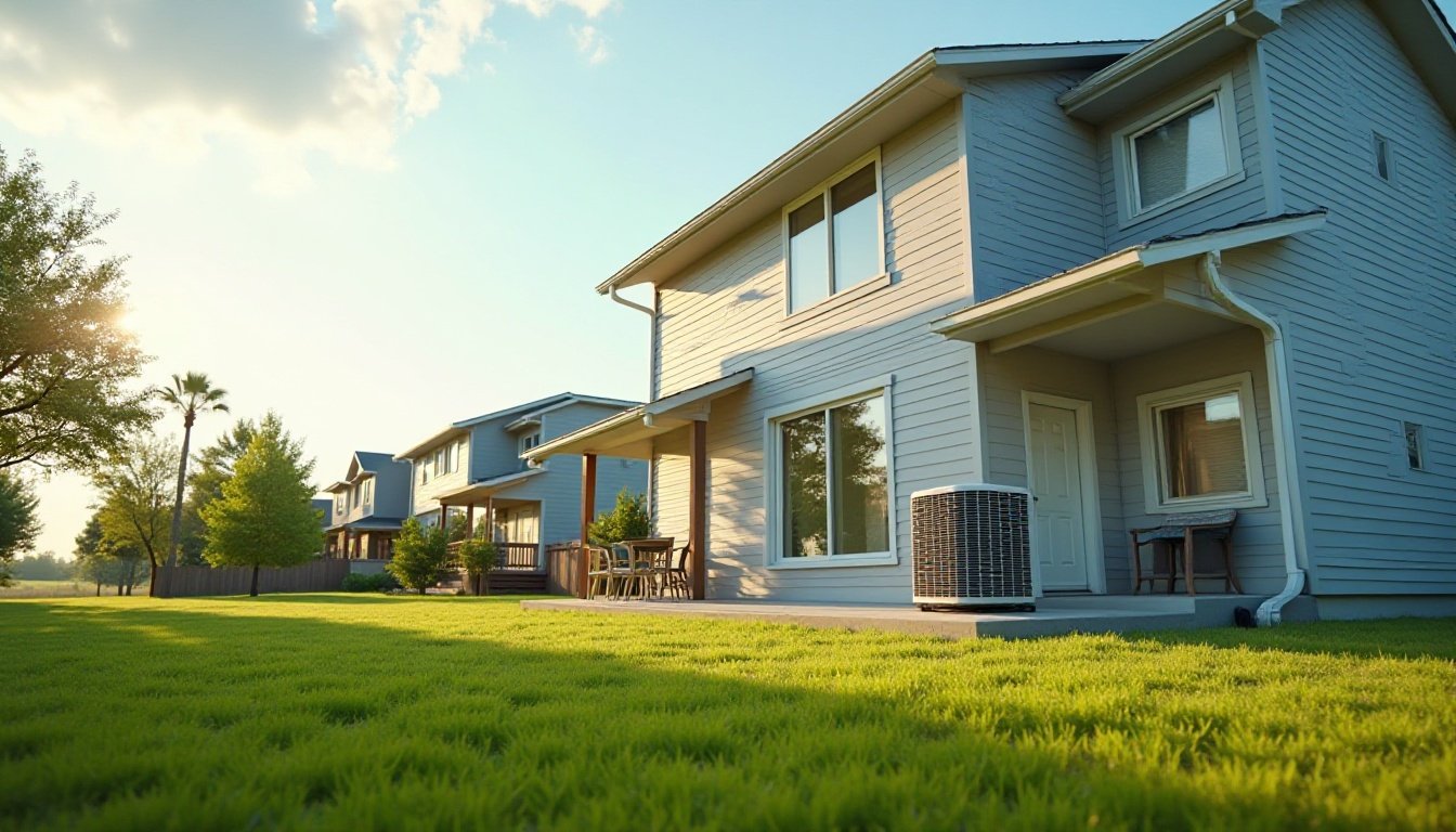 Two-story home with blue siding and an outdoor AC unit beside a wide lawn on a sunny day